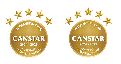 CANSTAR 2024-2025 ‘Innovation Excellence’ award badge and CANSTAR 2024-2025‘Outstanding Value Australia Home and Contents’ award badge
